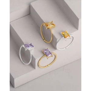 Minimalist S925 sterling silver open rings with colorful square stones and twisted bands