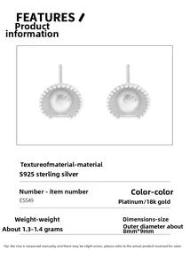Detailed size and material specification chart for S925 silver pearl stud earrings