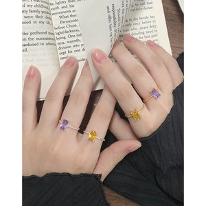 Minimalist S925 silver rings set with rectangular yellow and purple gemstones in gold finish