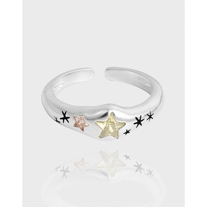 S925 Sterling Silver Geometric Star Ring For Women Korean INS Yellow Pink Zirconia Inlaid Adjustable Opening Jewelry