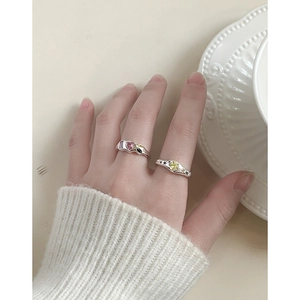 S925 silver rings set with pink heart and yellow star zircon stones in a French retro style