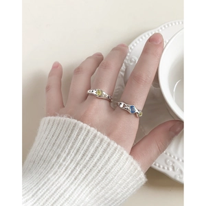 S925 silver rings set with star-shaped yellow zircon and blue rectangular gemstone