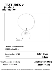 Technical drawing of S925 sterling silver adjustable bracelet with size specifications