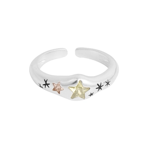 Polished S925 sterling silver adjustable ring with colorful star motifs and micro-zircons