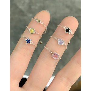S925 sterling silver adjustable chain rings with multi-colored geometric zircons