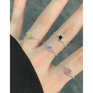 S925 sterling silver chain ring set with colorful round, star, heart and square stones