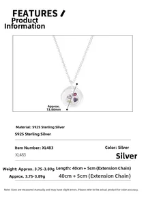 Detail of S925 sterling silver necklace featuring multi-color heart-shaped zircon pendant