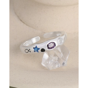 S925 sterling silver adjustable ring with colorful zircons and fish engraving design
