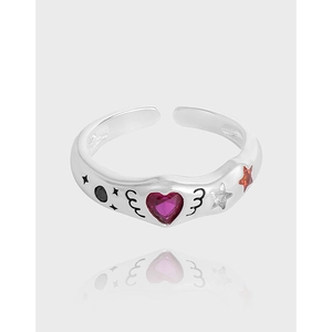 925 Sterling Silver Heart Rhinestone Open Ring Vintage Y2K Sweet Cool Wing Star Adjustable Fashion Finger Ring For Women Jewelry Gift