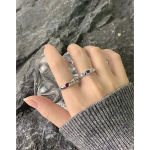 S925 sterling silver ring set with red heart gem and purple stone in retro style