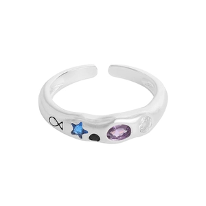 S925 sterling silver open ring with colorful zircon stars and ethnic motifs