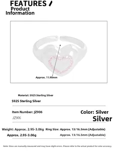 Spécifications techniques de la bague coeur en argent S925 avec détails en zircon rose