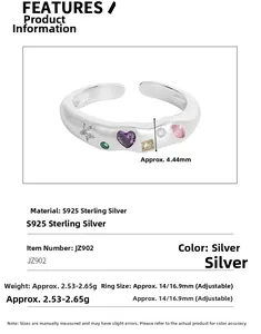 Macro detail of S925 sterling silver ring showing colorful zircon inlay and 4.44mm width