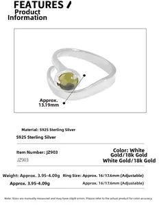 Detailed spec sheet showing S925 silver ring with 13mm green gemstone and size parameters