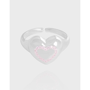 Bague Cœur en Argent Sterling 925 pour Femmes Zirconia Rose Incrusté Ouverture Réglable Style Ins Bijoux de Mode Cadeau