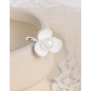 Elegant S925 silver ring featuring white enamel petals and a lustrous round pearl
