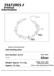 Detail showing S925 sterling silver heart link bracelet with length specifications