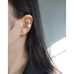 S925 silver flower ear cuff with white enamel petals and pearl detail for women