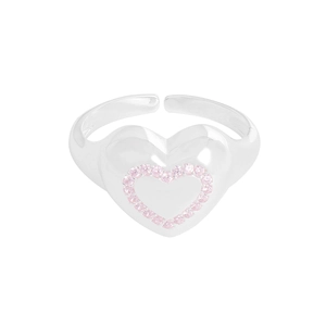 Bague cœur en argent poli avec pavé de zircons roses et anneau ouvert réglable tendance