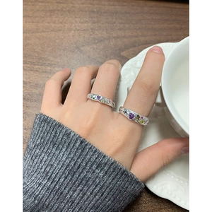 Handcrafted S925 silver open rings featuring colorful heart and round zircon stones