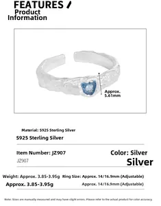 Detail view of S925 sterling silver ring dimensions and blue zircon heart gemstone size