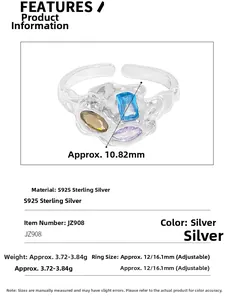 Détails de la bague en argent S925 à texture irrégulière et trois zircons colorés