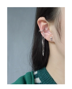 Detailed view of S925 silver fringe ear cuff and pearl flower stud earring worn on ear