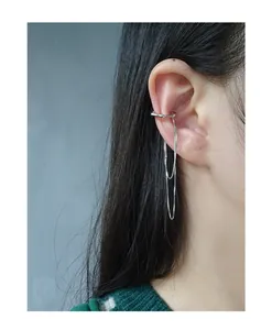 Detail showing elegant S925 silver double chain ear cuff without piercings on model