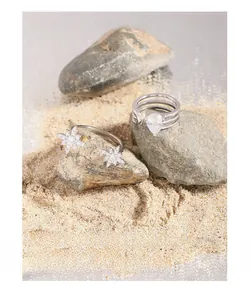Detail of S925 silver rings with starburst zircon and pear-shaped stone on natural stone