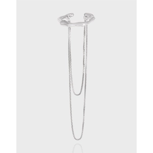 S925 Sterling Silver Long Tassel Ear Cuff For Women Minimalist Double Box Chain Wave Non-Piercing Clip Earrings