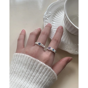 S925 sterling silver rings with blue lava heart zircon and hammered texture design