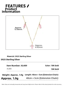 Detail view of S925 silver pink agate necklace with precise size and weight measurements