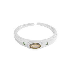 Minimalist S925 sterling silver adjustable ring with amber and green zircon stones