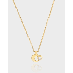 Collana con Ciondolo a Cuore e Luna in Argento Sterling 925 per Donna con Micro-intarsio in Zirconia Oro Bianco Oro Gioielli