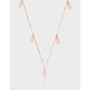 925 Sterling Silver Pink Agate Double Bead Necklace For Women Gold Plated Korean Style Niche Design Elegant Clavicle Chain Jewelry Gift