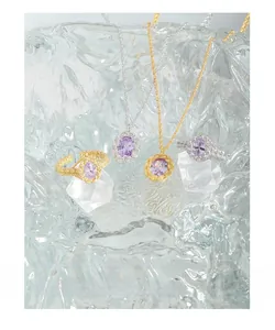 Macro detail of S925 silver jewelry set featuring purple stones and twisted rope textures