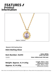 Detail view of purple zircon pendant on a twisted S925 sterling silver chain with dimensions