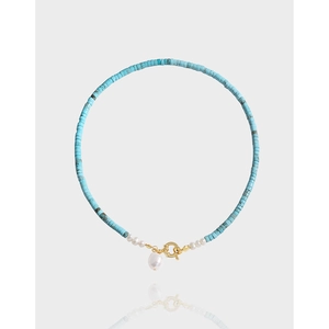 Collana In Turchese E Künstliche Perle Barocche Argento Sterling 925 Placcato Oro 18K Girocollo Di Perline Per Donna Stile Vintage Francese
