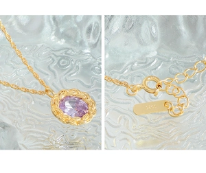 Macro detail of S925 silver necklace featuring purple zircon and twisted metal texture