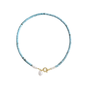 Collana barocca di turchese con chiusura in argento S925 e ciondolo di perla