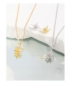 Detailed view of S925 sterling silver starburst earrings and necklace set on stone base