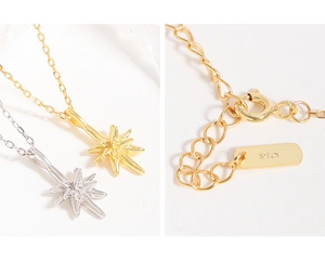 Detailed view of S925 sterling silver starburst pendant necklaces in gold and silver