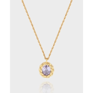 925 Sterling Silver Purple Rhinestone Pendant Necklace For Women Twisted Geometric Oval Gemstone Clavicle Chain Jewelry Gift