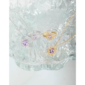 Elegant S925 silver twist ring and necklace set with purple oval zirconia stones