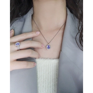 S925 sterling silver jewelry set featuring purple zircon stone pendant necklace and ring