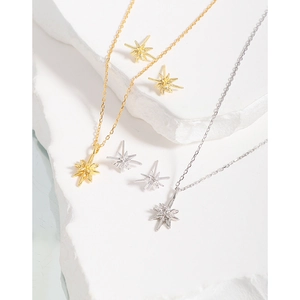 Minimalist S925 sterling silver starburst necklace and earrings jewelry set in gold and silver