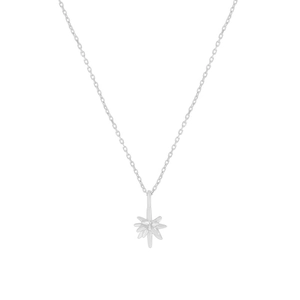 Minimalist S925 sterling silver starburst pendant necklace for women on white background