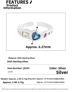 Macro detail of S925 sterling silver ring with colorful heart, oval and square zircons