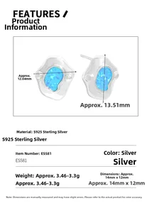 Detail showing S925 sterling silver irregular studs with blue opal and size dimensions