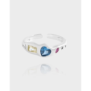Vintage 925 Sterling Silver Adjustable Open Ring With Heart Shaped Blue Zirconia Star Engravings Geometric Fashion Jewelry